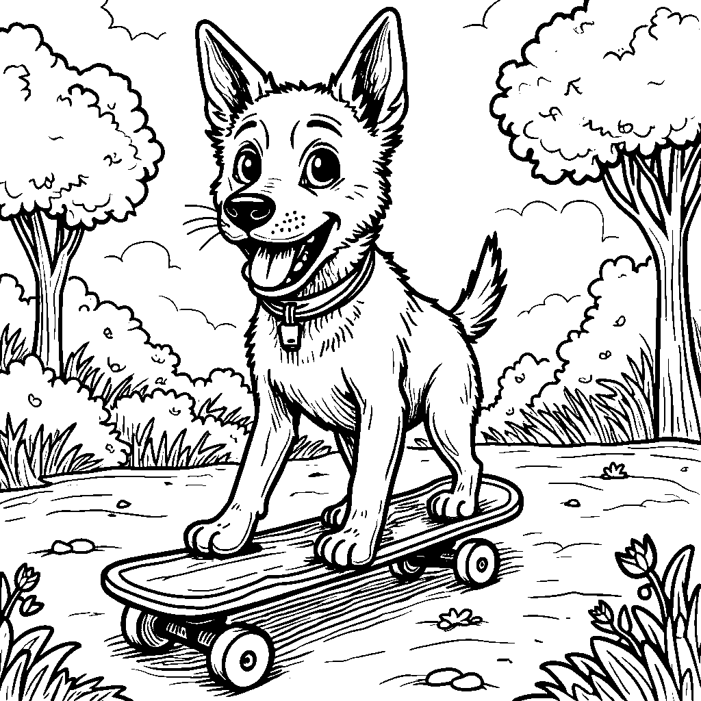 Bluey riding a skateboard in the park