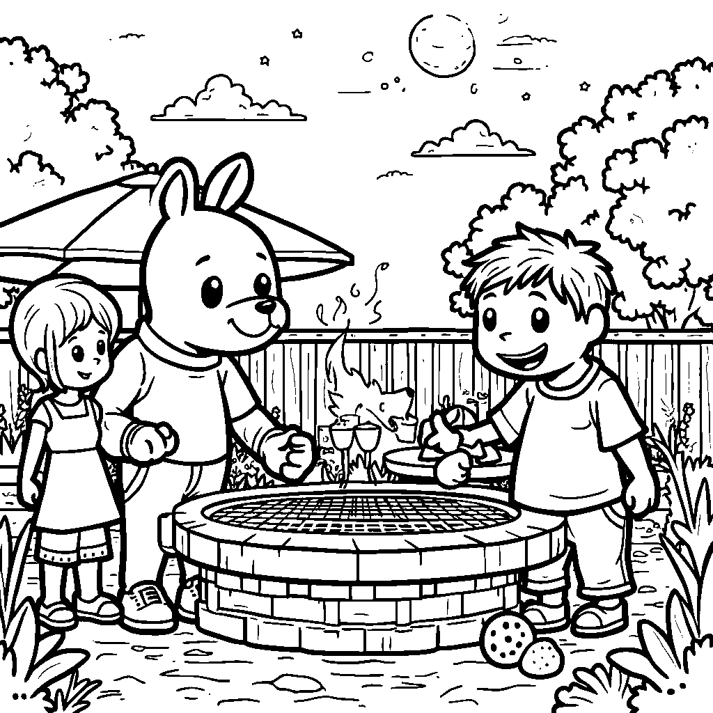 Bluey's family having a backyard BBQ with friends