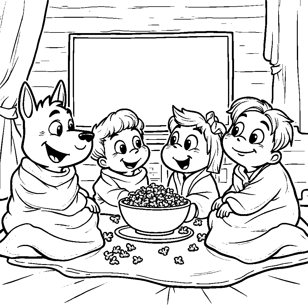 Bluey's family having a movie night with popcorn