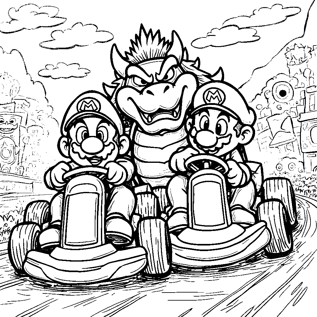 Bowser and Mario in a friendly race with karts