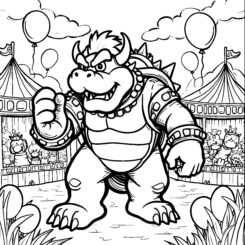 Bowser at a carnival with balloons and rides