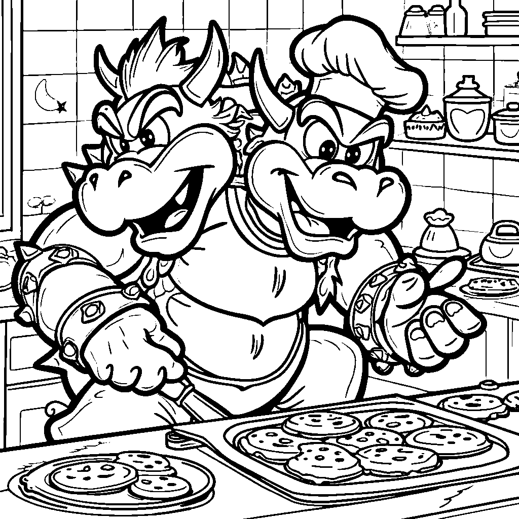 Bowser baking cookies in a colorful kitchen