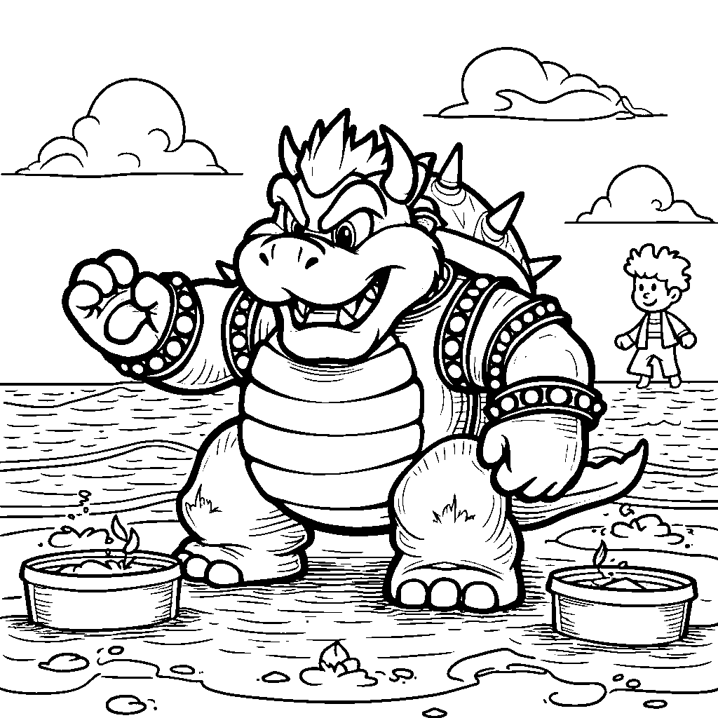 Bowser building a sandcastle at the beach