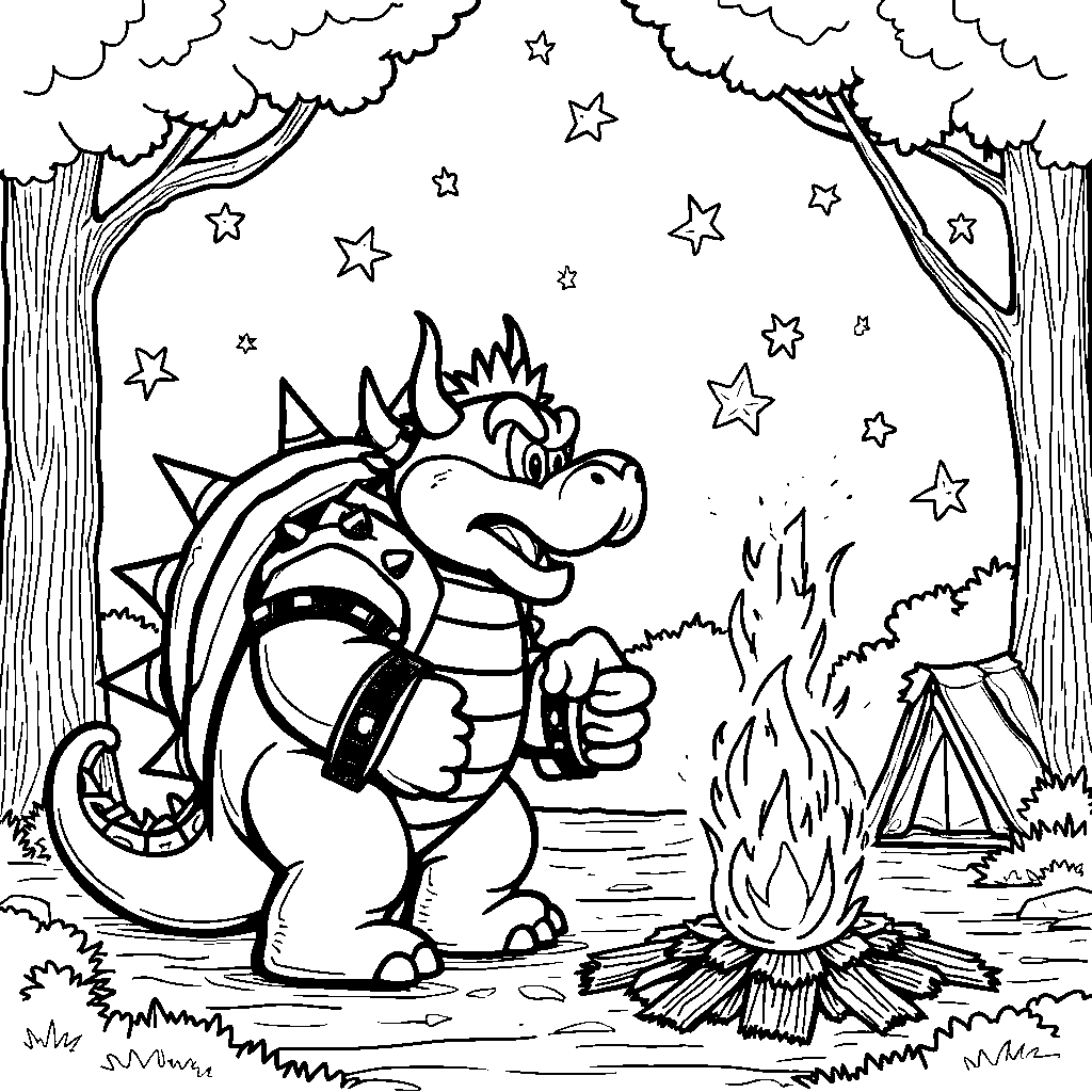 Bowser camping in the woods under the stars