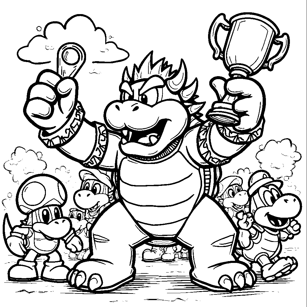 Bowser celebrating a friendly competition trophy