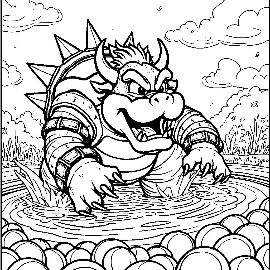 Bowser diving into a pool full of colorful balls