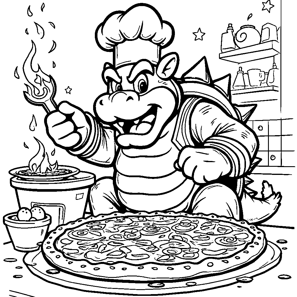 Bowser dressed as a chef cooking a giant pizza