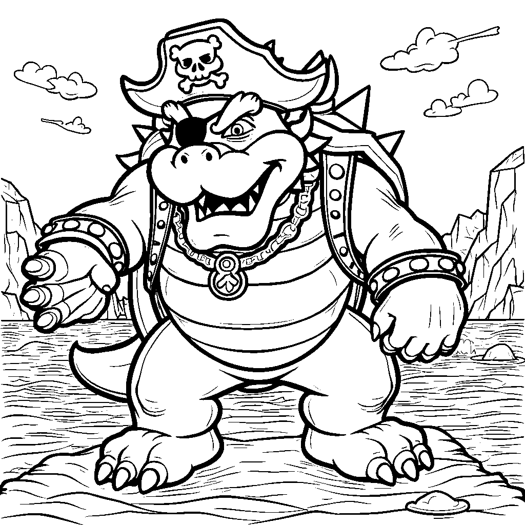 Bowser dressed as a pirate on a treasure hunt