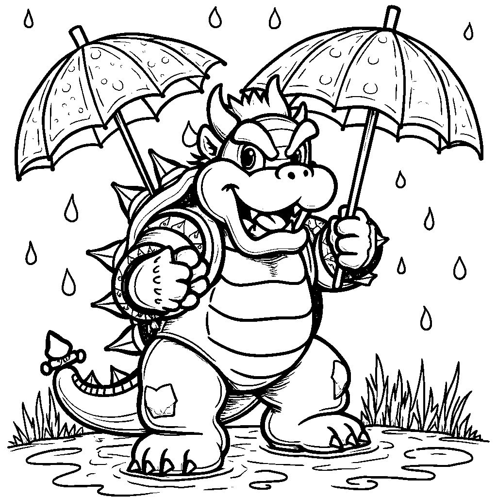 Bowser enjoying a rainy day with fun umbrellas