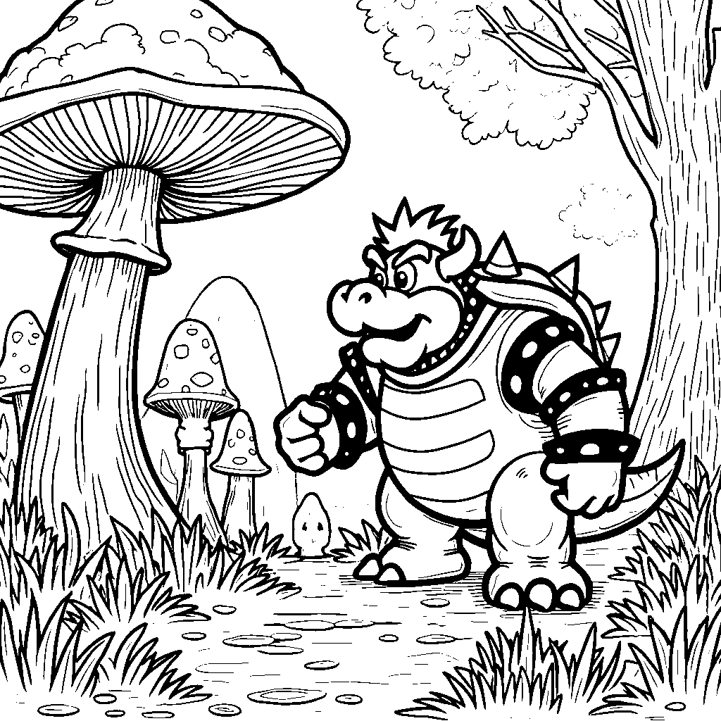 Bowser exploring a magical forest full of mushrooms