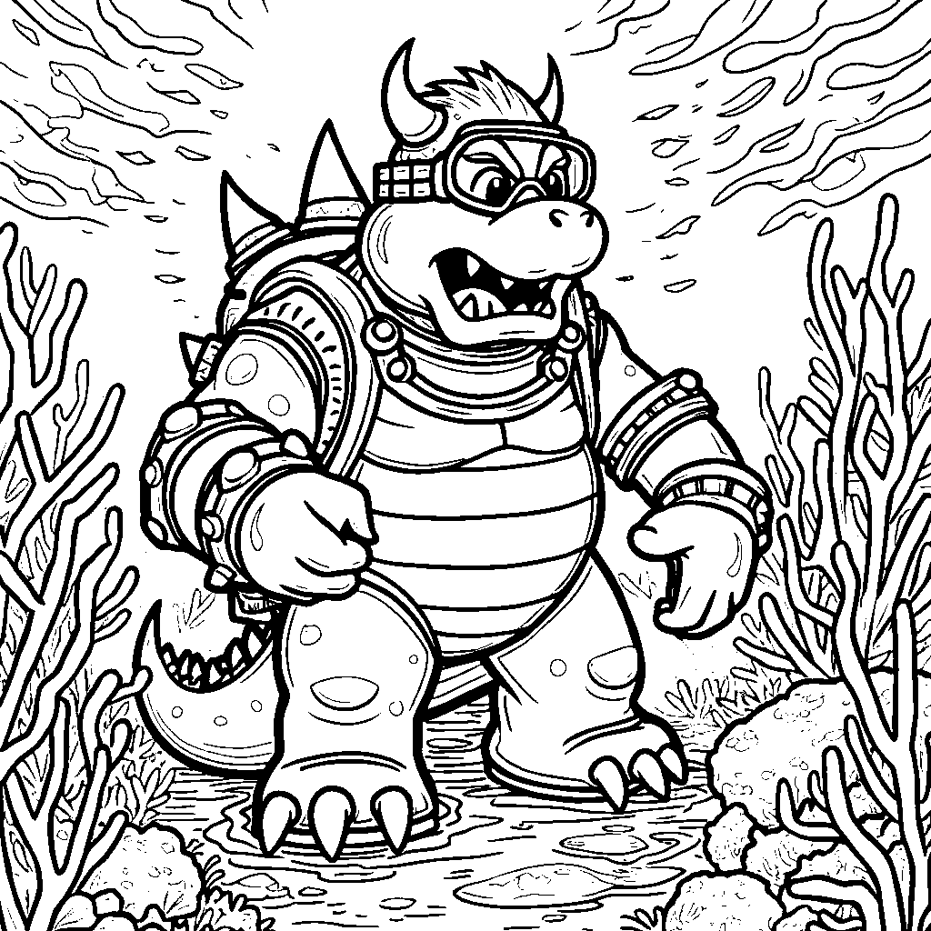 Bowser exploring underwater with scuba gear