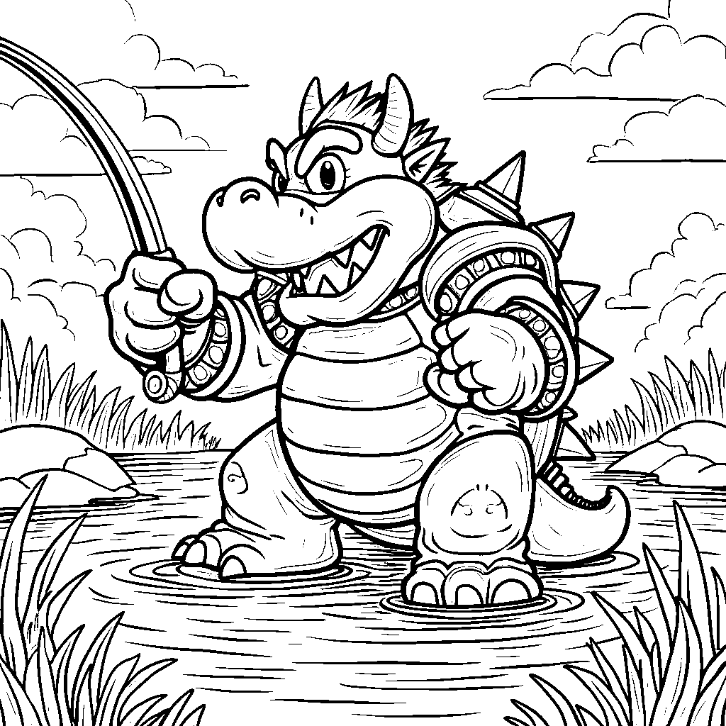 Bowser fishing at a peaceful lake