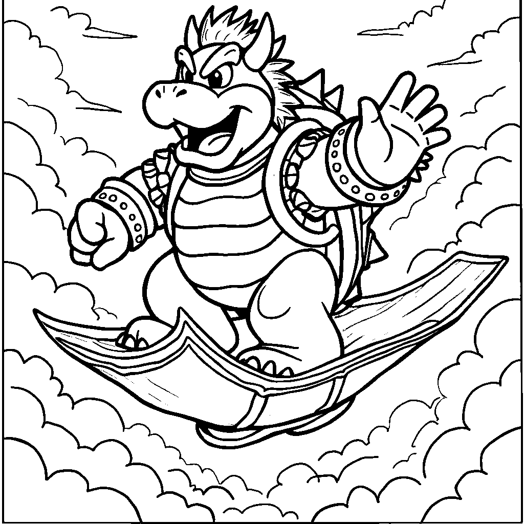 Bowser flying on a magic carpet in the clouds