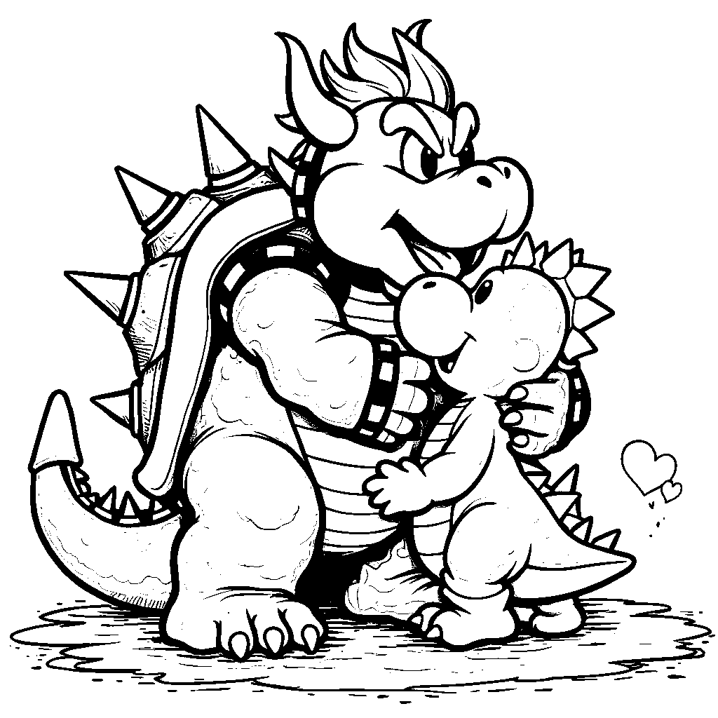 Bowser getting a cuddly hug from a baby Yoshi