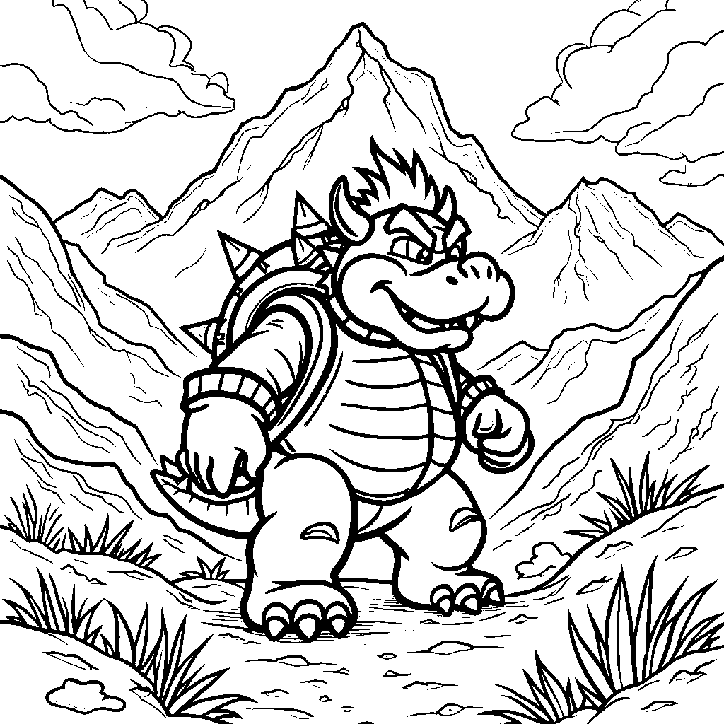 Bowser hiking in the mountains with a big backpack