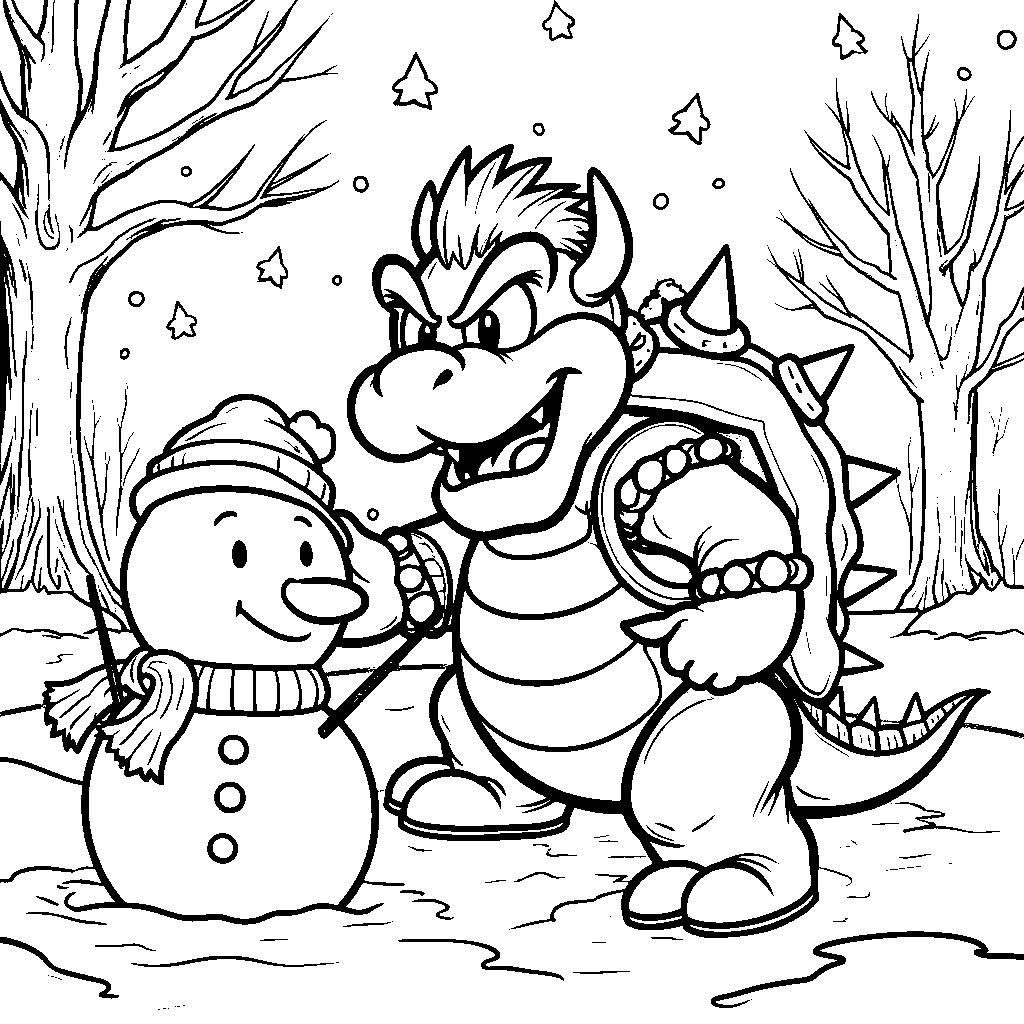 Bowser making a snowman during winter