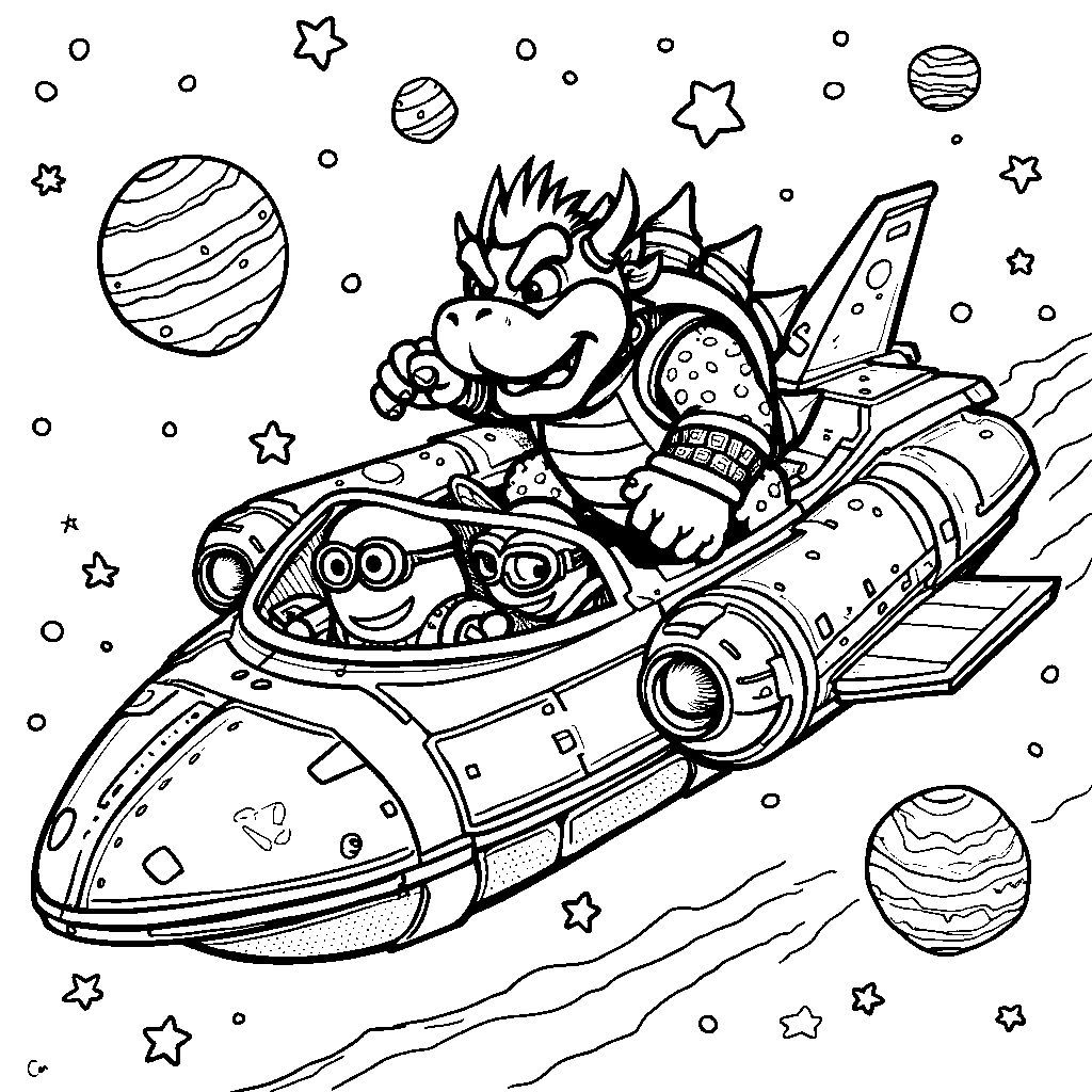 Bowser on a spaceship exploring outer space