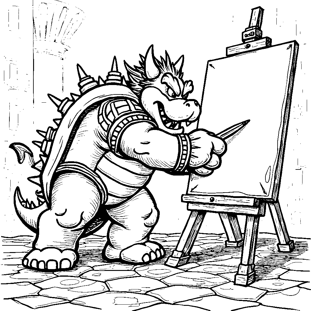 Bowser painting a masterpiece on a large canvas