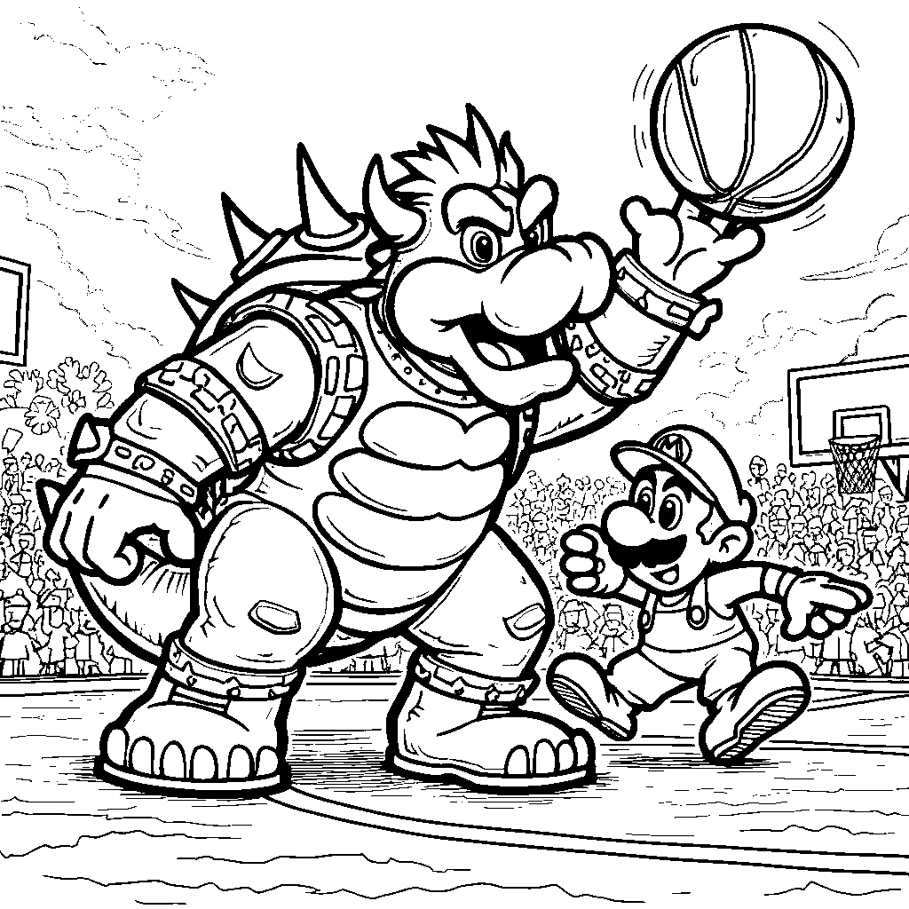 Bowser playing basketball with Mario and Luigi