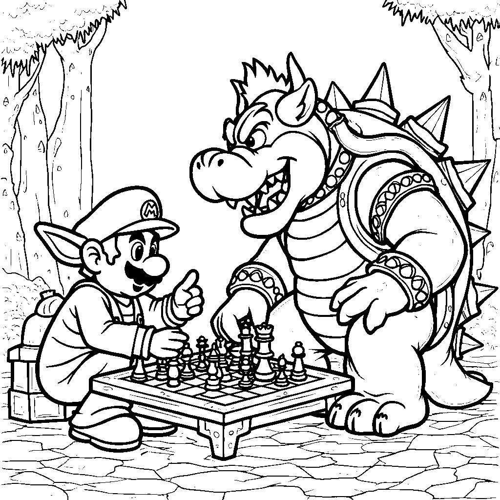 Bowser playing chess with wise Yoda