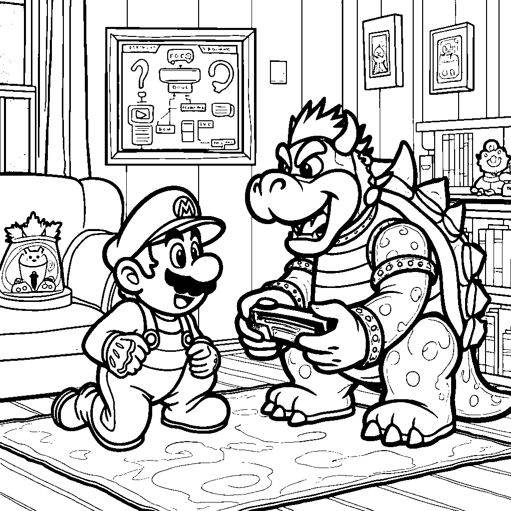 Bowser playing video games with Mario