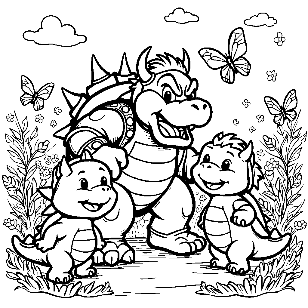 Bowser playing with baby Koopas in a garden