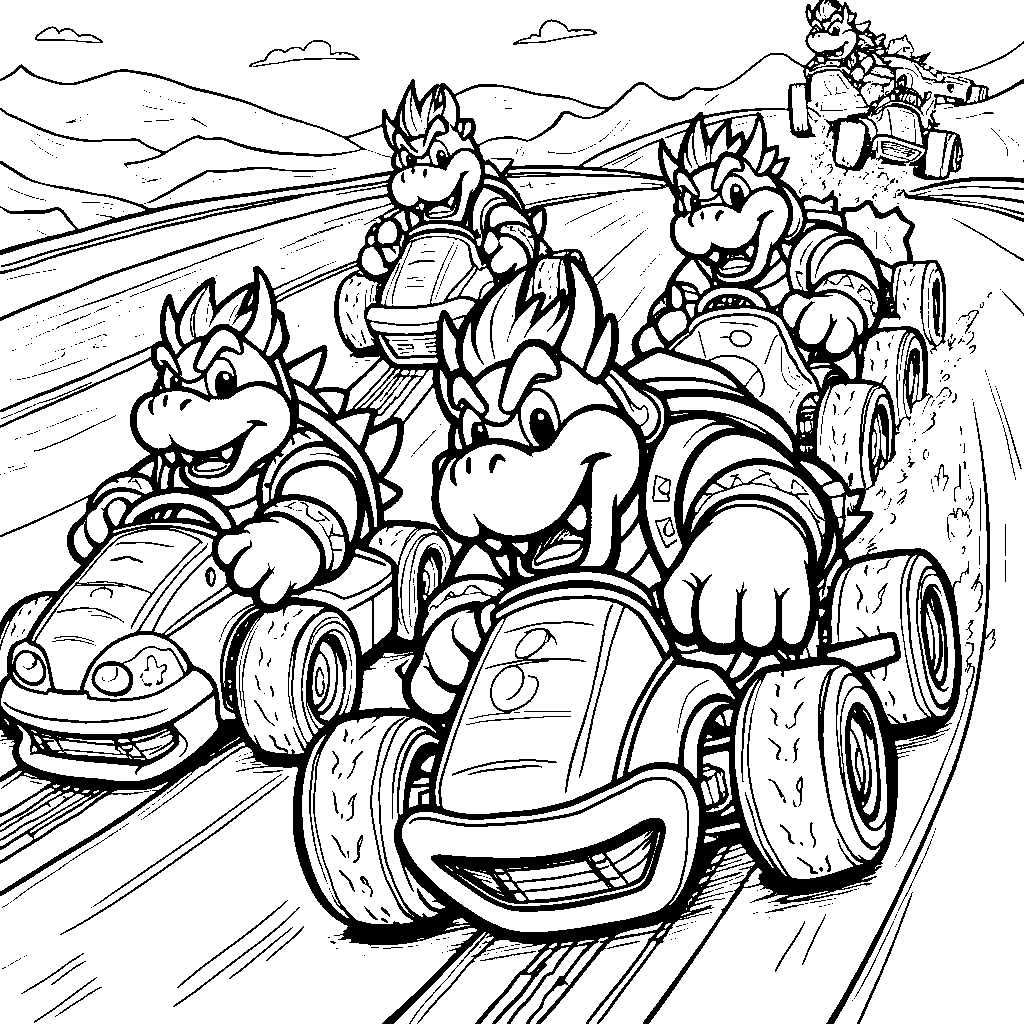 Bowser racing toy cars with his buddies