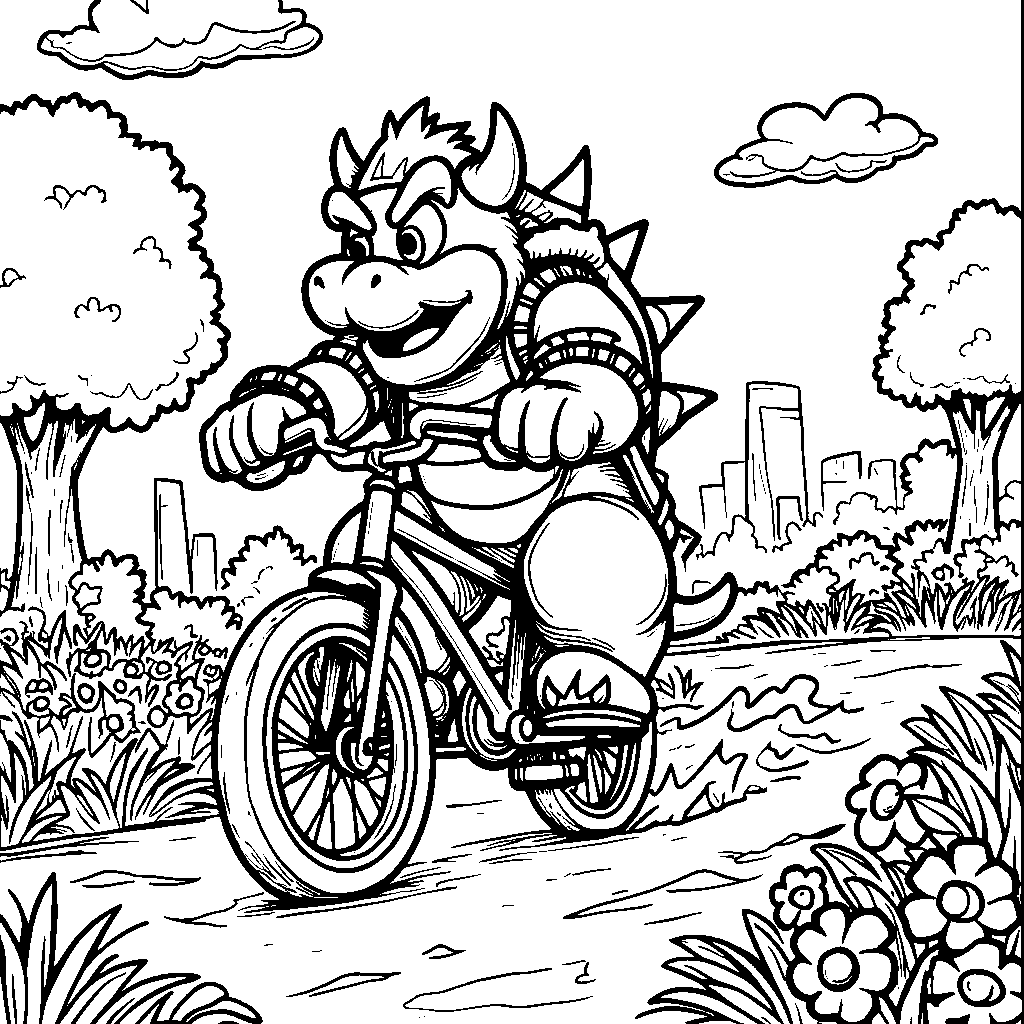 Bowser riding a bicycle through a sunny park