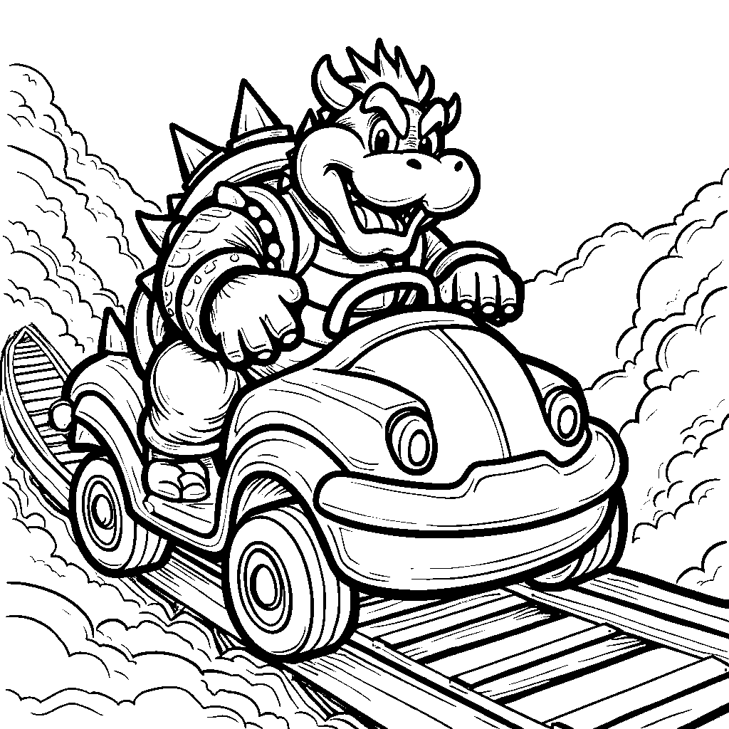 Bowser riding a rollercoaster with a big smile