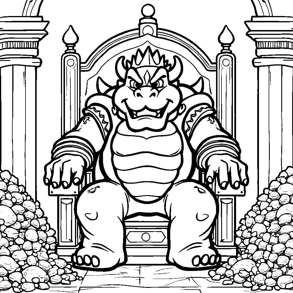 Bowser sitting on his throne surrounded by treasure