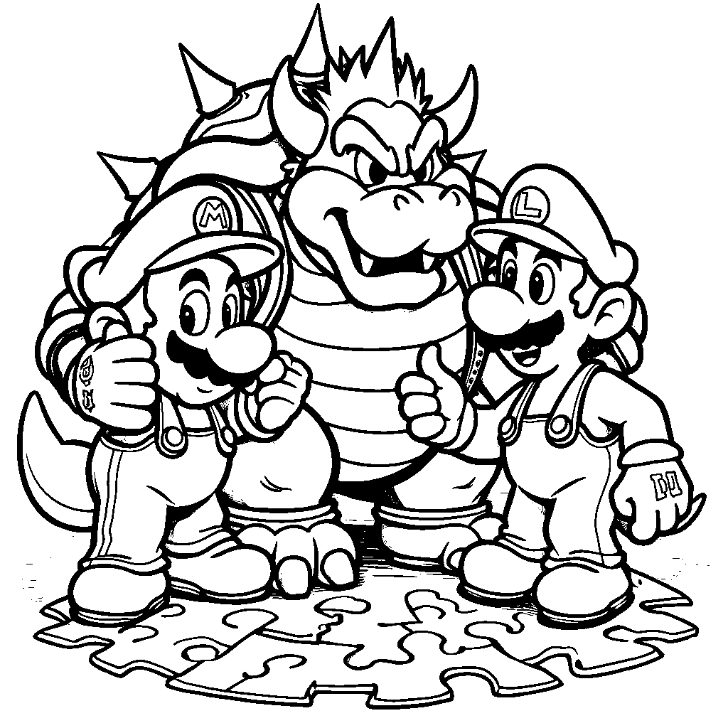 Bowser solving a puzzle with Mario and Luigi