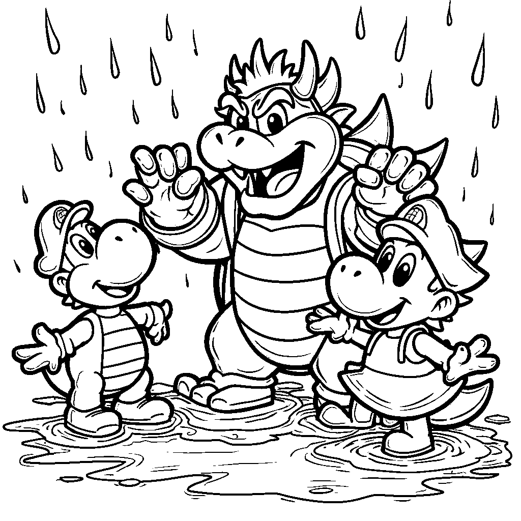 Bowser splashing in puddles with his friends