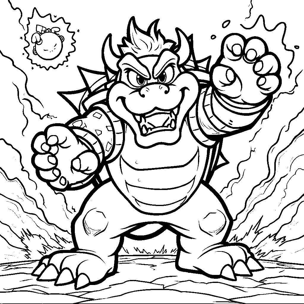 Bowser throwing fireballs in a fun battle stance