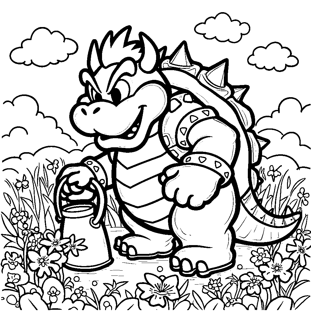 Bowser watering flowers in a vibrant garden