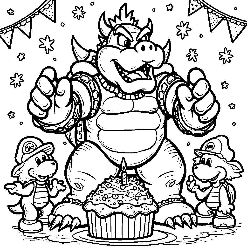 Bowser with a giant cupcake for his birthday party