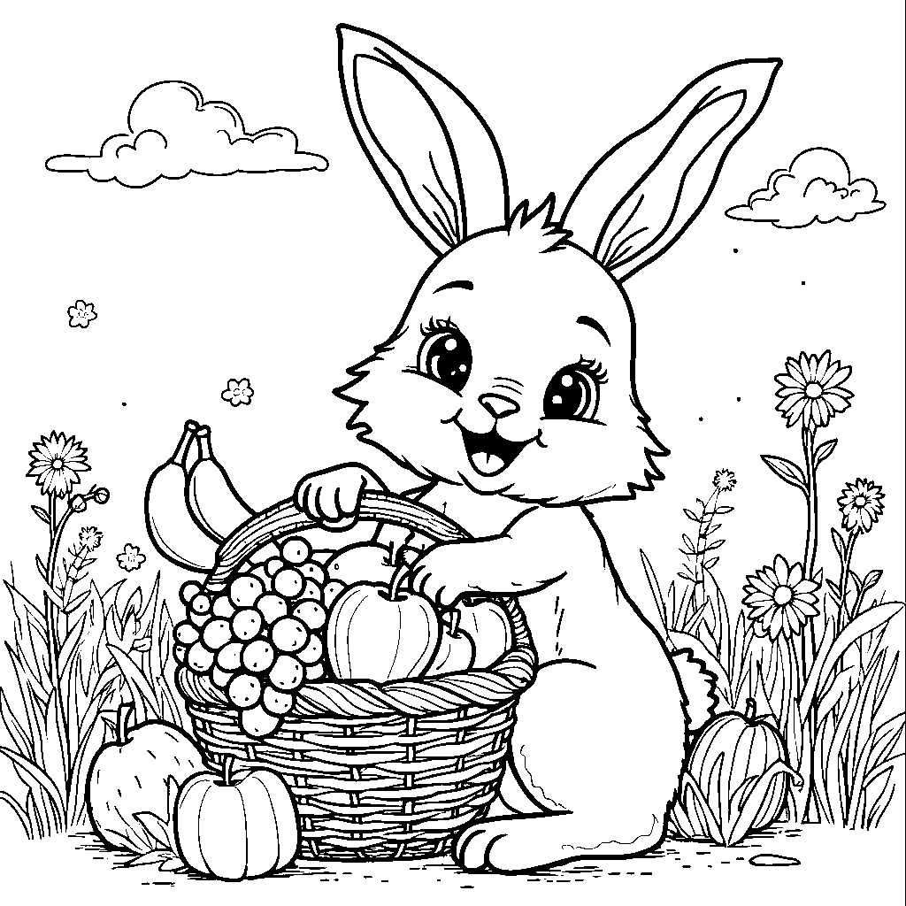 Bunny holding a basket of fresh fruit