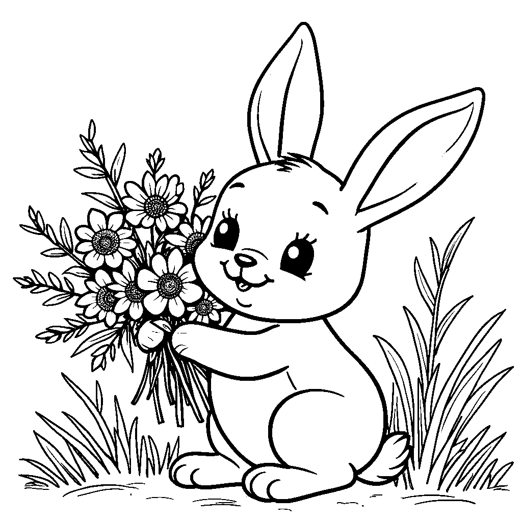 Bunny holding a bouquet of flowers