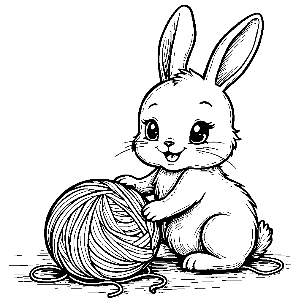 Bunny playing with a ball of yarn