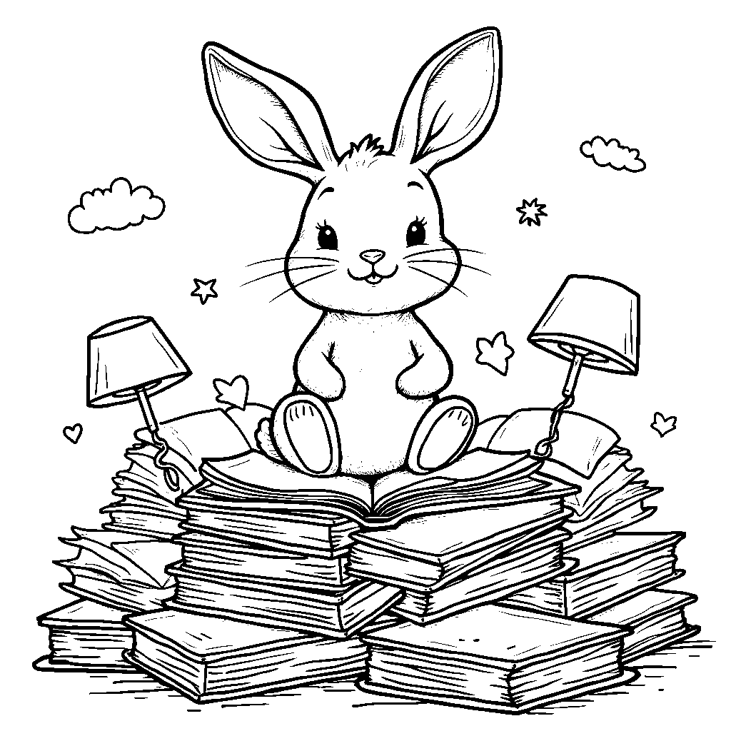 Bunny sitting on a pile of books