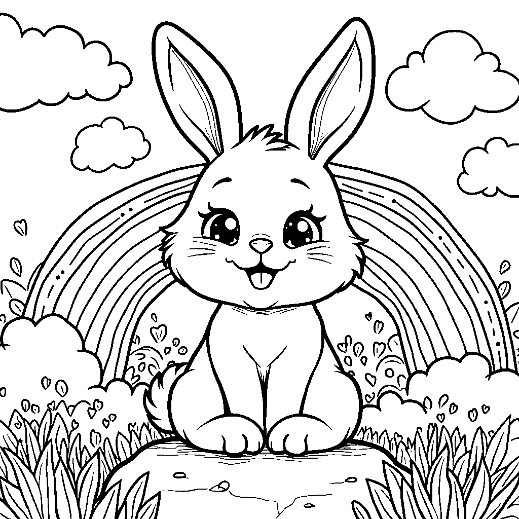 Bunny surrounded by clouds and rainbows