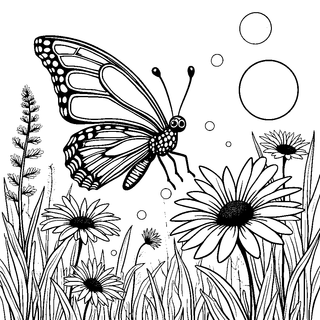 A butterfly blowing bubbles in a sunny meadow