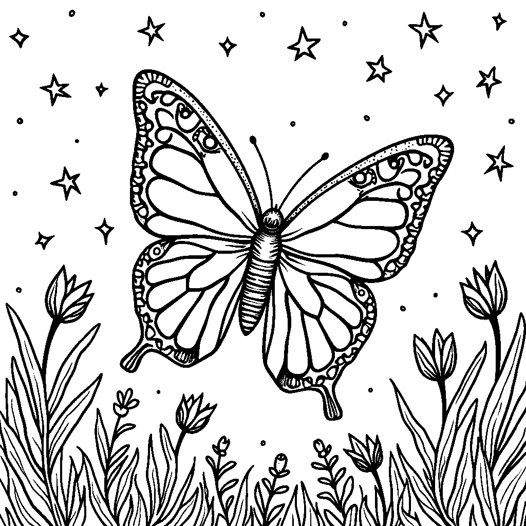 A butterfly dancing under a starry night sky