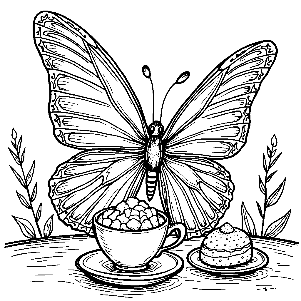 A butterfly enjoying a sweet treat at a whimsical bakery