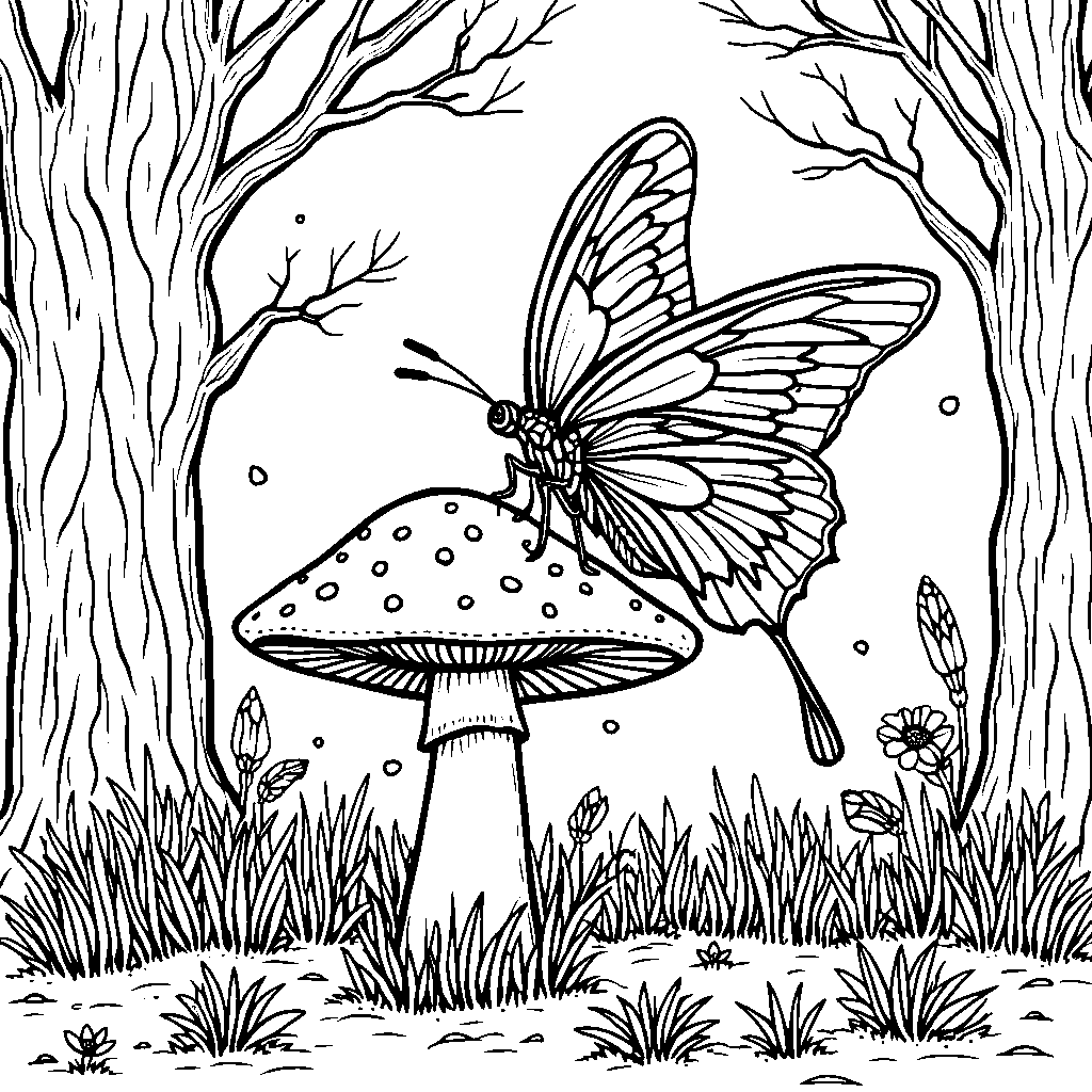 A butterfly exploring a whimsical forest filled with mushrooms