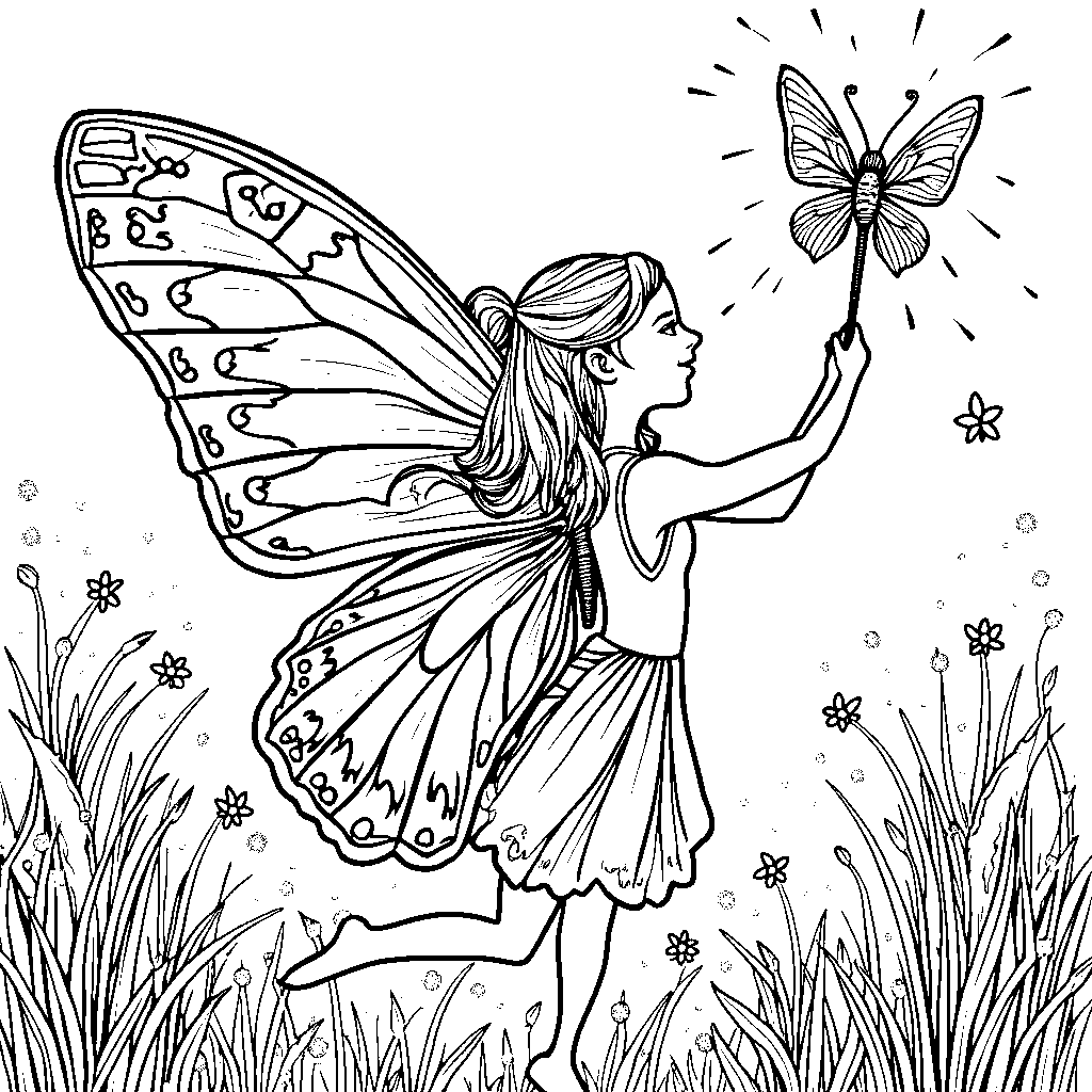 A butterfly fluttering around a sparkling fairy's wand