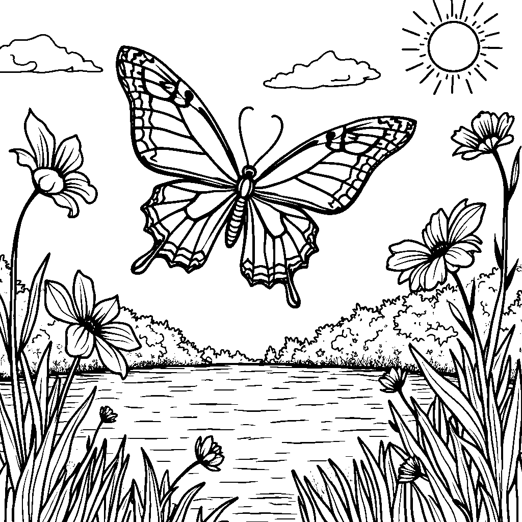 A butterfly flying over a beautiful, serene lake