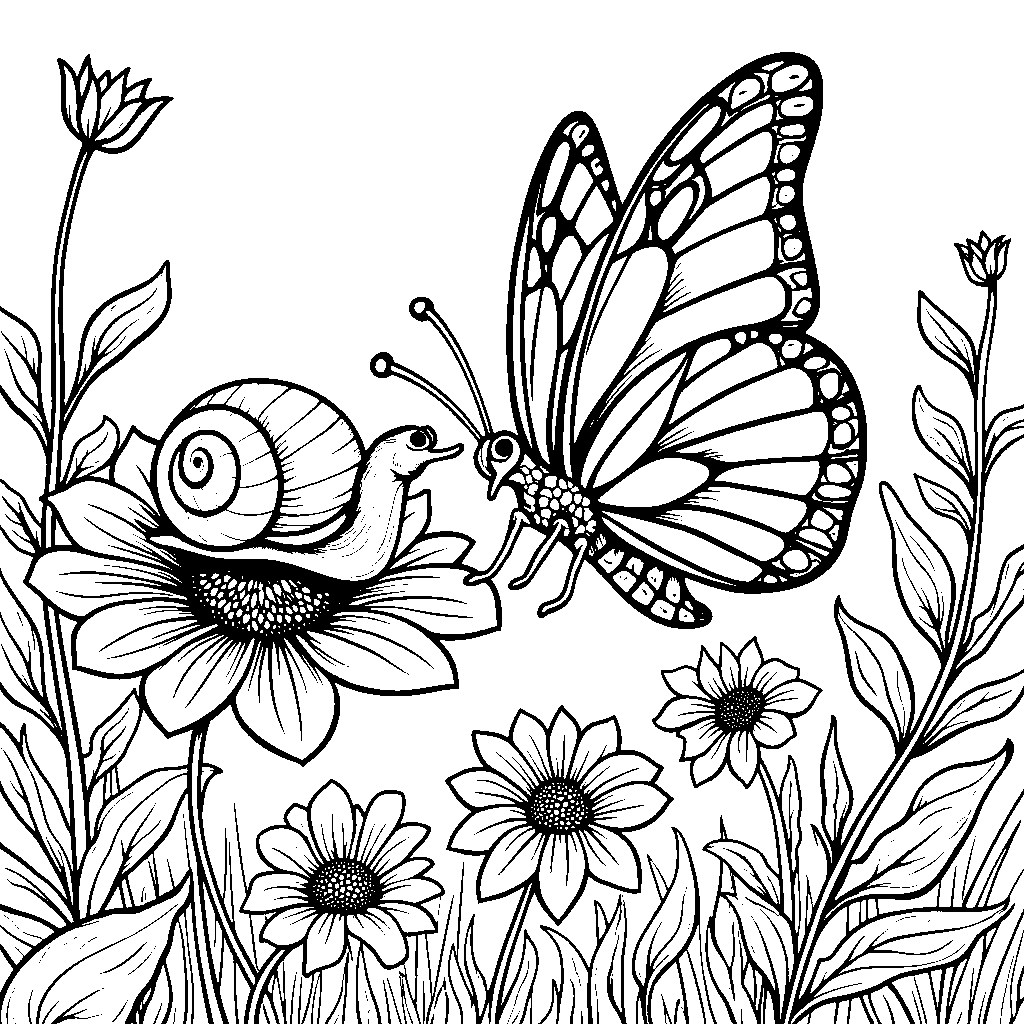 A butterfly making friends with a curious snail