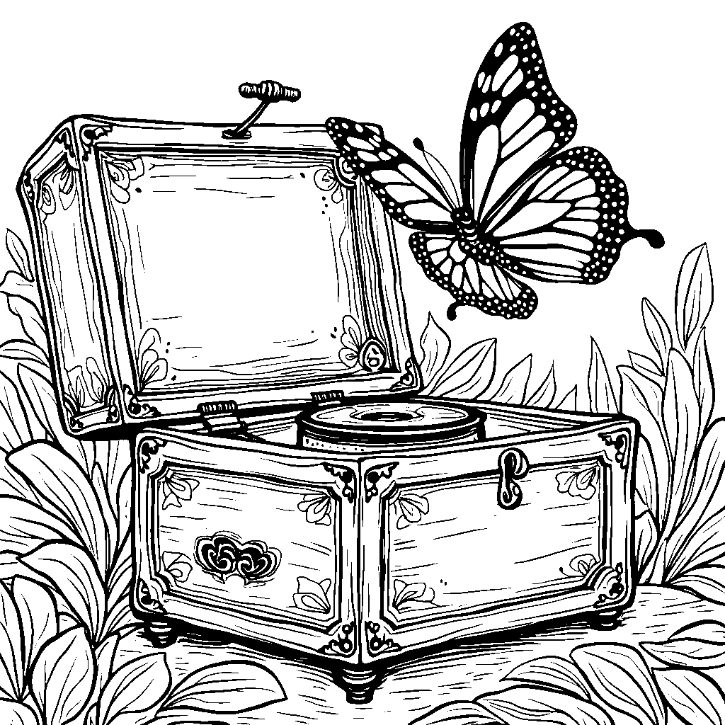 A butterfly perched on a delicate music box