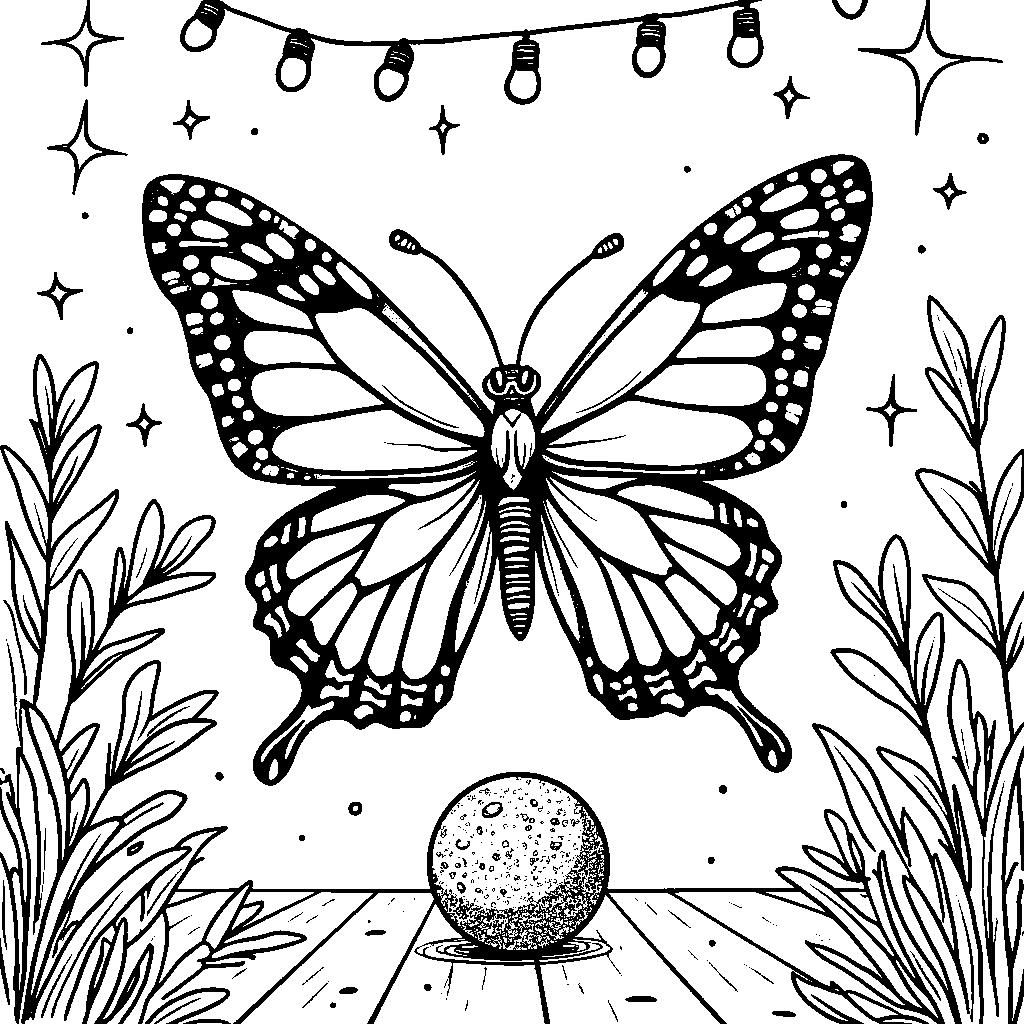 A butterfly playing with a ball of glitter in a sparkly room