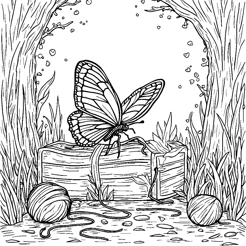 A butterfly playing with a ball of yarn in a cozy attic